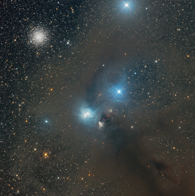 Шаровое скопление NGC 6723, комплекс туманностей NGC6726, NGC6727, NGC6729 в созвездии Южная Корона