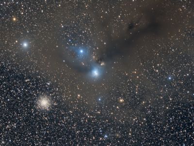 NGC 6727 и NGC 6723 (Лиса и Колобок) - пылевая туманность и шаровое скопление в Южной Короне