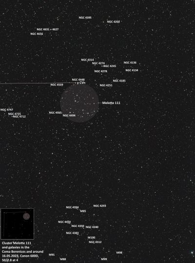 Melotte 111 and galaxies in Coma Berenices - annotated