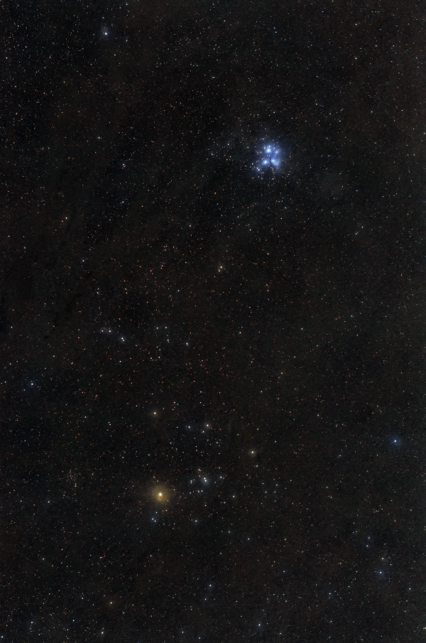 The open clusters Hyades with bright Aldebaran and the Pleiades (Subaru, Stozhary, Seven Sisters, M45). - Astrophotography