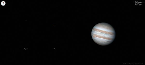 Jupiter, Io, and Europa on September 8, 2024. - Astrophotography