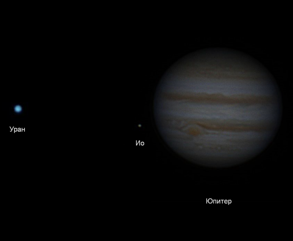 Io, Uranus, and Jupiter through a Sky-watcher Mak127 telescope with a 2X Barlow lens - Astrophotography