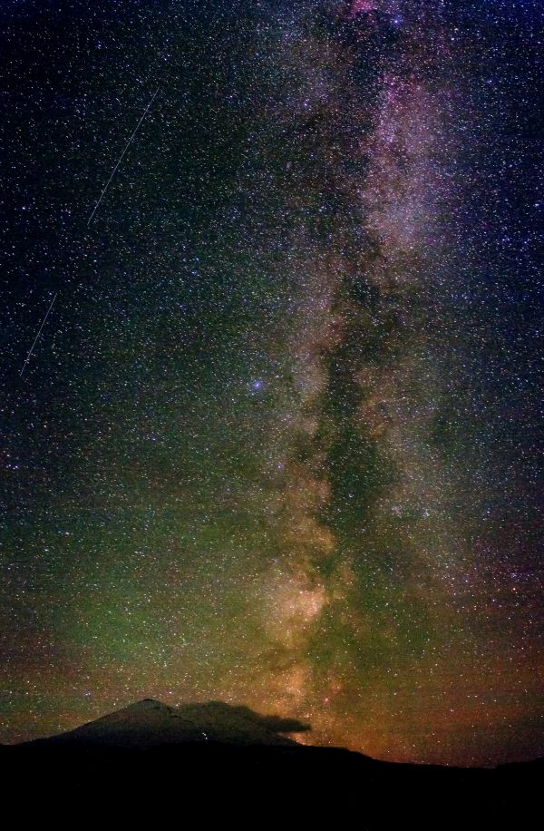 Starry panorama over the snow-capped peak of Mount Elbrus - Astrophotography