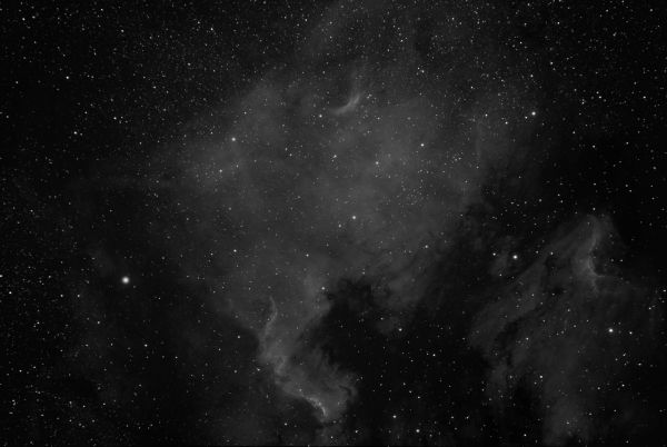 Emission nebulae NGC 7000 North America and IC 5070 Pelican in the constellation Cygnus. Black and white version. - Astrophotography
