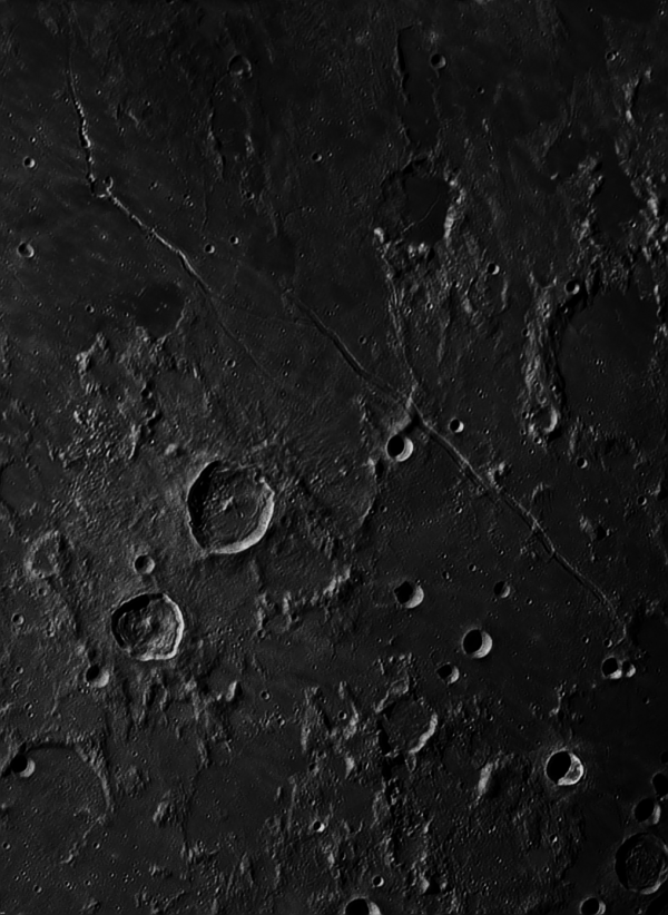 Hyginus and Ariadeus Rilles (Rima Hyginus, Rima Ariadeus) Panorama from two frames. - Astrophotography