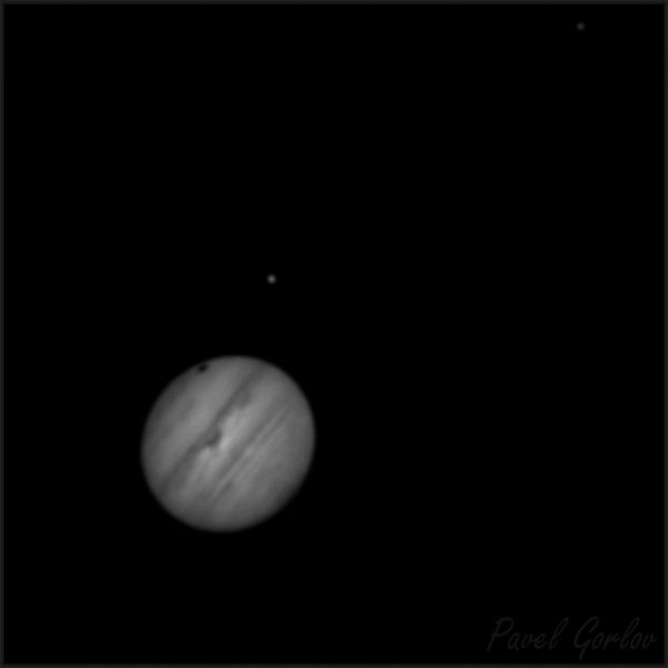 Jupiter, Ganymede (its shadow visible on the planet's disk), and Io. - Astrophotography