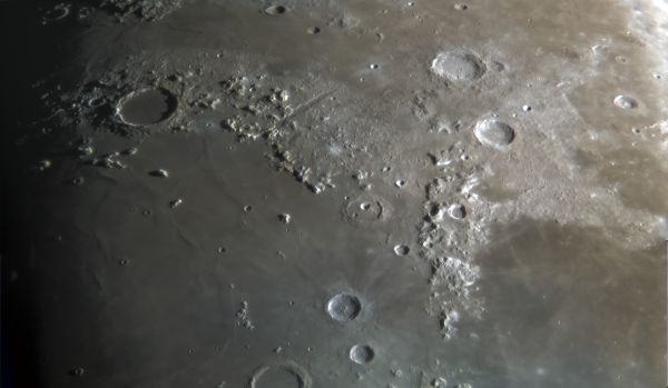 Moon, March 22, 2021. A panorama of 4 images. Crater Plato, the Alps mountains with the Alpine Valley and their surroundings. - Astrophotography