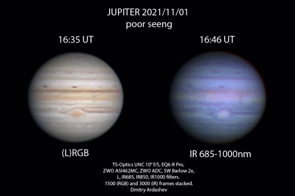 Jupiter on November 1, 2021 in visible and infrared wavelengths. - Astrophotography