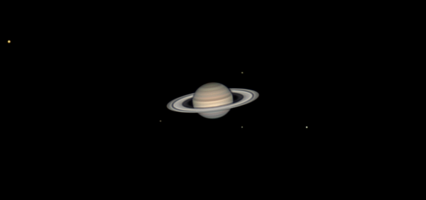 Saturn and its moons Titan, Rhea, Tethys, Dione, Enceladus - Astrophotography