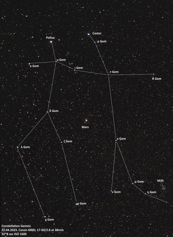 Gemini and Mars - annotated - Astrophotography
