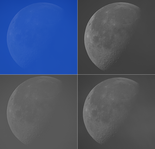 Daytime Moon at F=-63% from 10.16.22 through various filters - Astrophotography